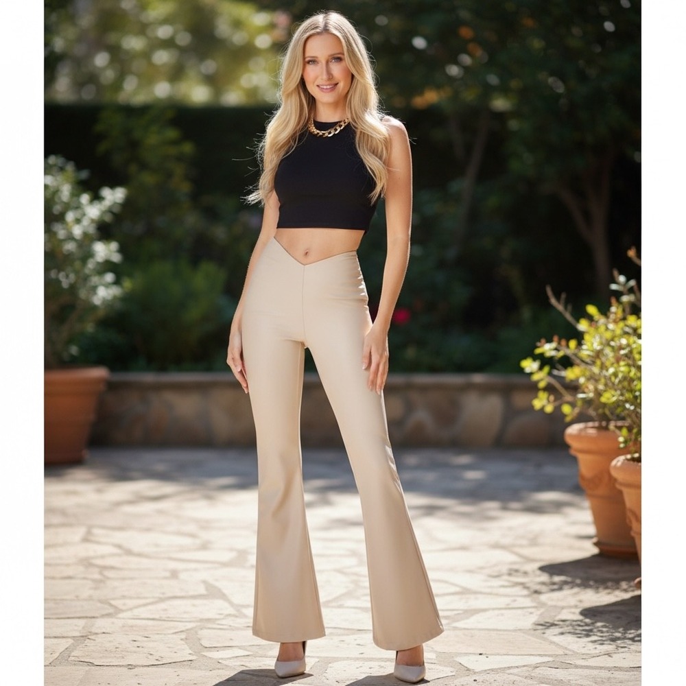 Oh Polly V Front Faux Leather Flare Trousers Stone Beige 6176R Size US 4 UK 8